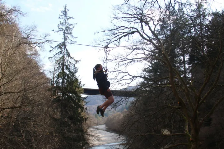 a man flying through the air while riding a skateboard next to a tree